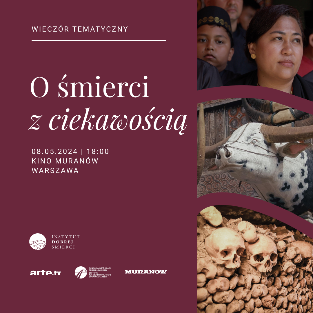 Grafika przedstawia fotosy z dwóch filmów, na których widać kobiecą głowę, czaszki oraz figurę krowy.