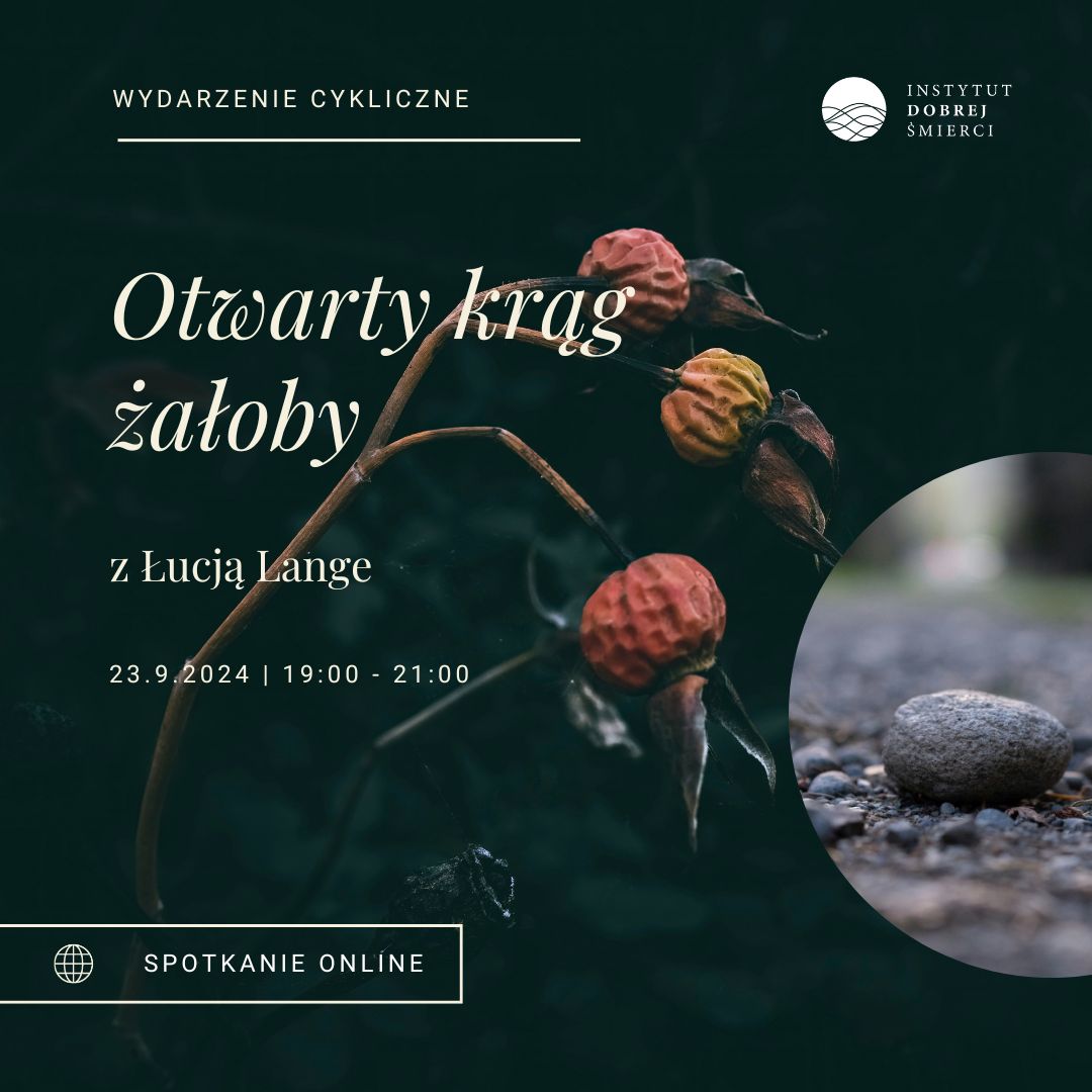 Grafika przedstawia kamień wpisany w koło na tle ususzonych pąków kwiatów.