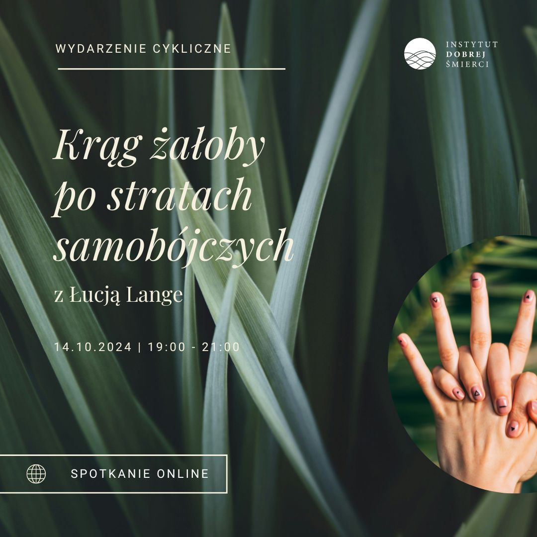 Grafika przedstawia splecione dłonie na tle liści.