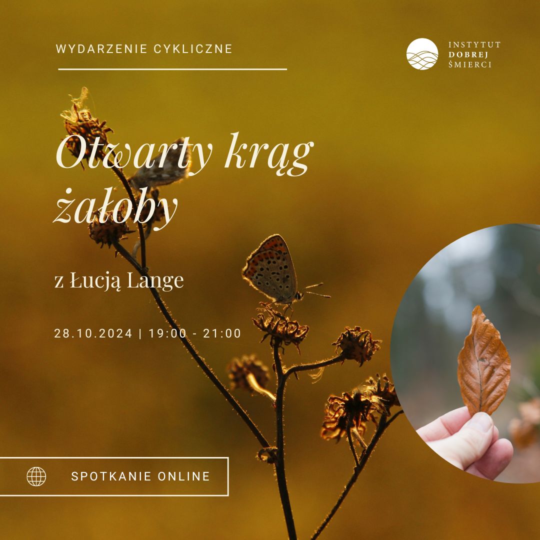 Grafika przedstawia dłoń trzymającą liść na tle kwiatu, na którym siedzi motyl.